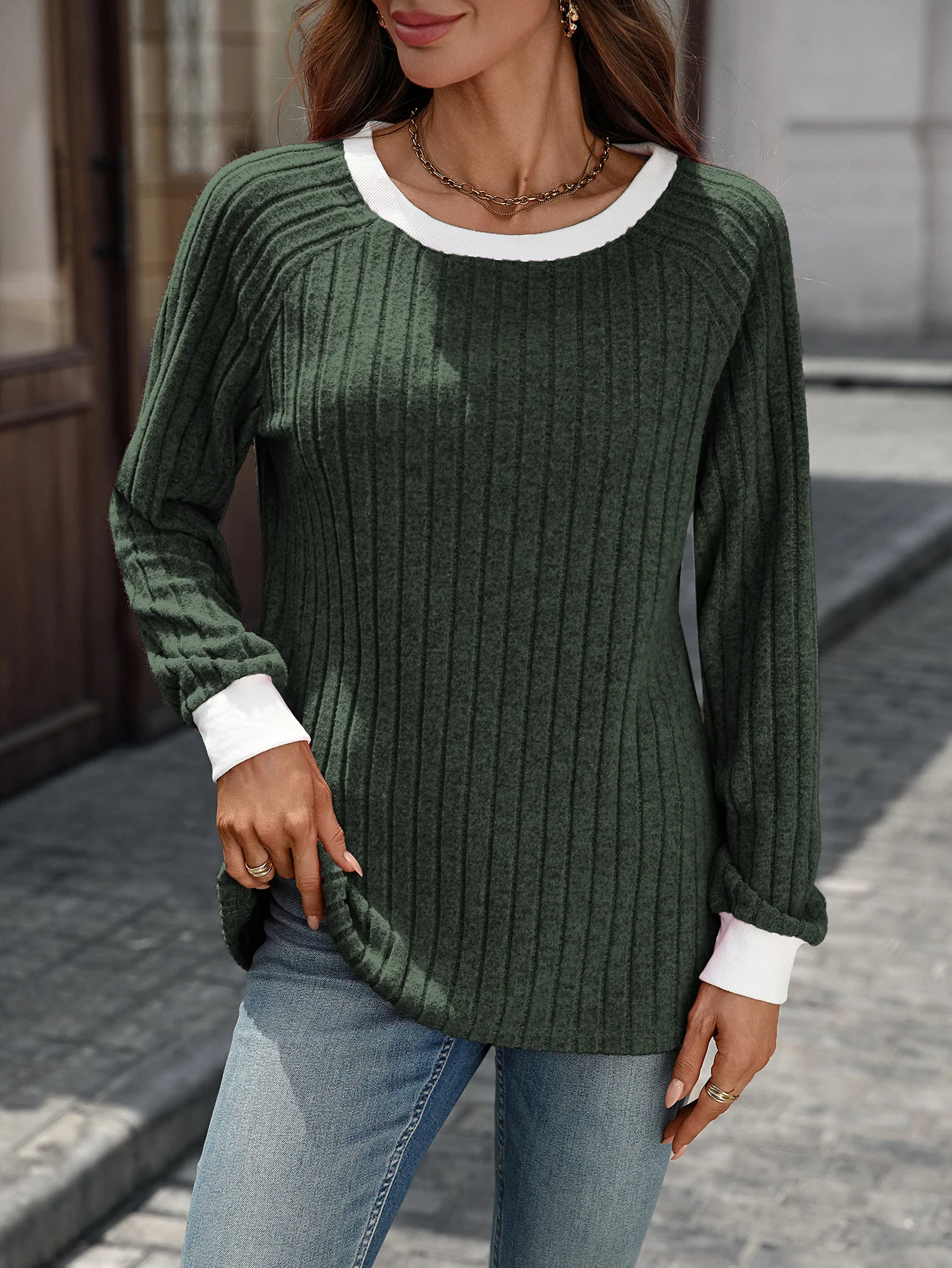 Casual Color Block Crew Neck Long Sleeve T-shirt