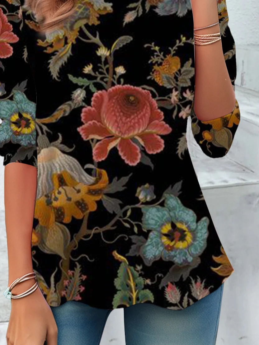 Casual Floral Crew Neck Long Sleeve T-shirt