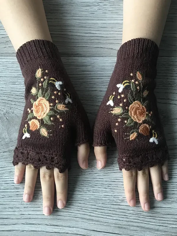 Knitted Boho Floral Autumn And Winter Ins Embroidered Women's Warm Gloves Bee Flower Adult Knitted Gloves Embroidered Wool Gloves