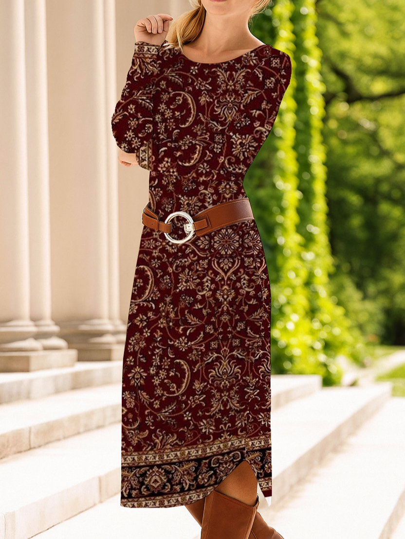 Women Floral Spring/Fall Dress Crew Neck Long Sleeve T-Shirt Dress A-Line Dress