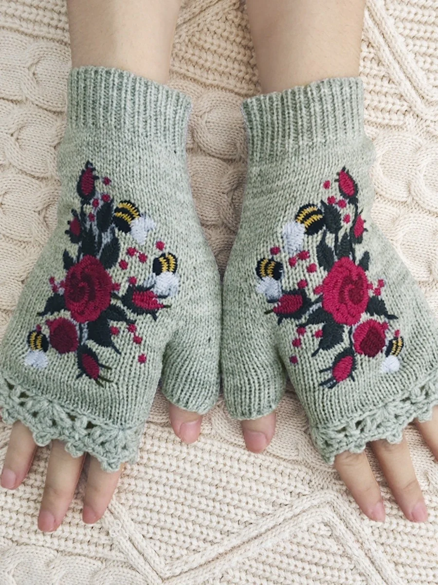Knitted Boho Floral Autumn And Winter Ins Embroidered Women's Warm Gloves Bee Flower Adult Knitted Gloves Embroidered Wool Gloves