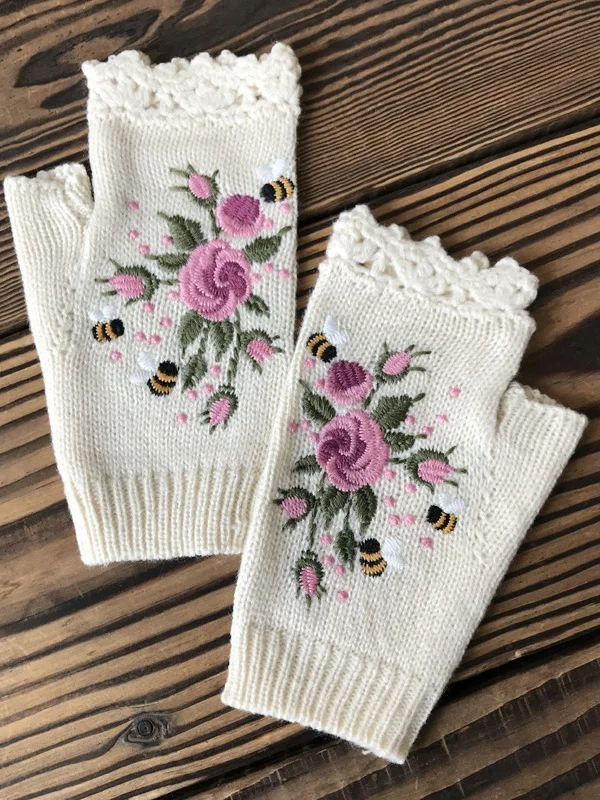 Knitted Boho Floral Autumn And Winter Ins Embroidered Women's Warm Gloves Bee Flower Adult Knitted Gloves Embroidered Wool Gloves