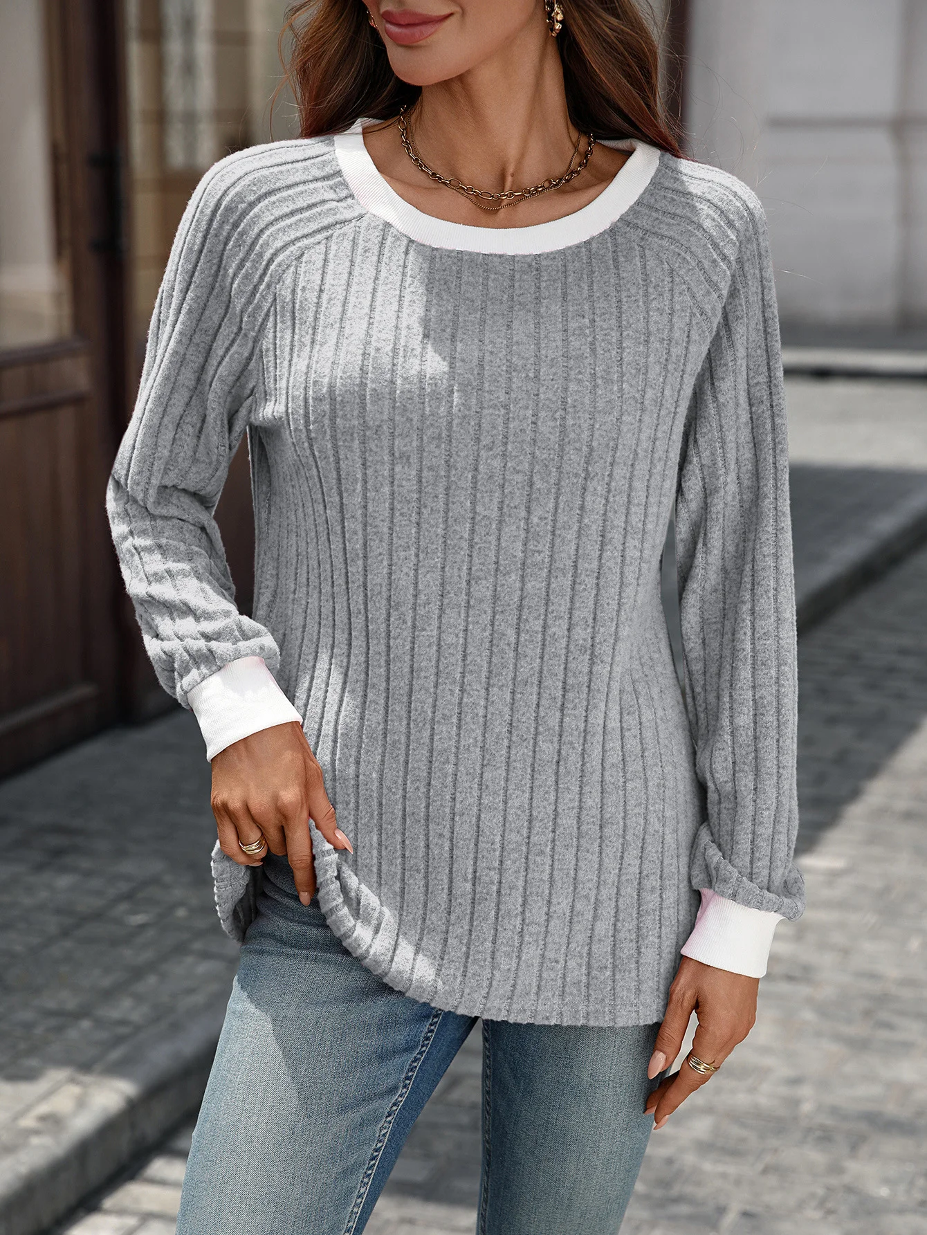 Casual Color Block Crew Neck Long Sleeve T-shirt