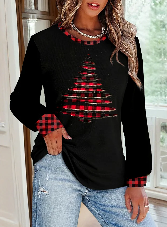 Casual Christmas Crew Neck Color Block Sweatshirt