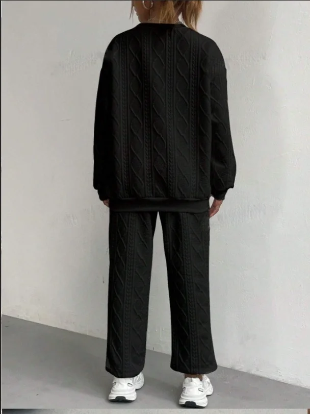 Women Plain Embossed Two-Piece Set Daily Long Sleeve Casual Spring/Fall Top With Pants Matching Set