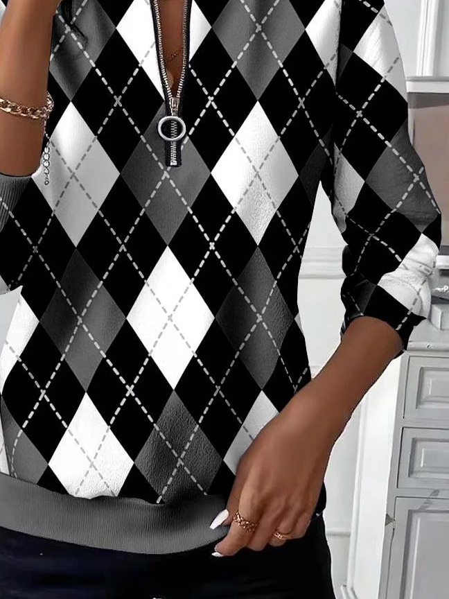 Casual Crew Neck Plaid Sweatshirt Printing