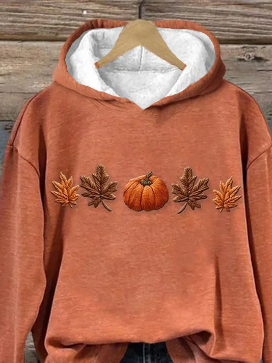 Casual Hoodie Maple Leaf Pumpkins Art Print Top
