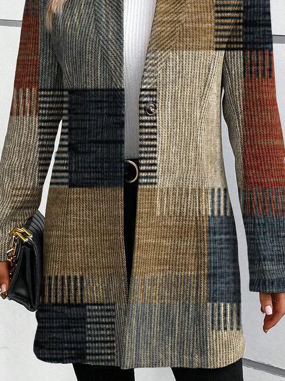 Women Spring/Fall Outerwear Vintage Printing Geometric Long Sleeve Stand Collar Jacket