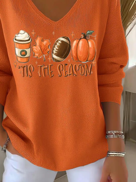 Casual Text Letters V Neck Long Sleeve T-shirt