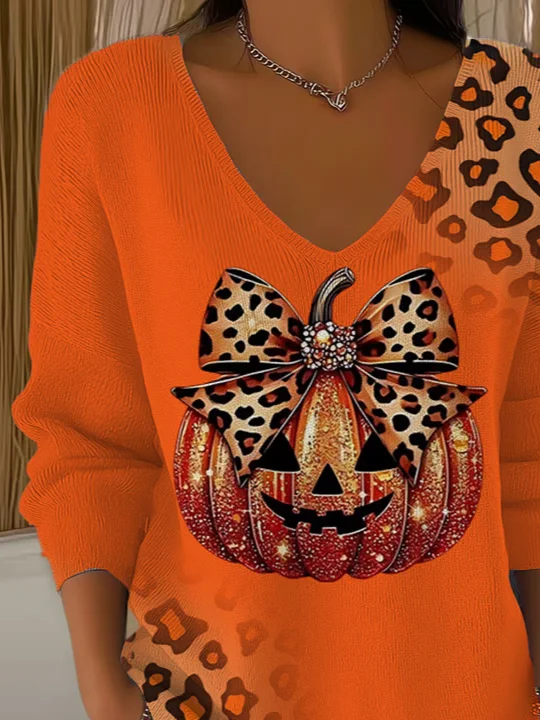 Casual Leopard V Neck Long Sleeve T-shirt