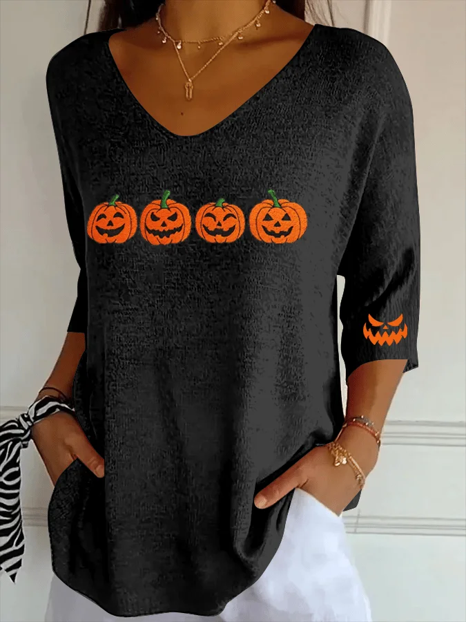 Casual Halloween (pumpkin) V Neck Three Quarter Sleeve T-shirt