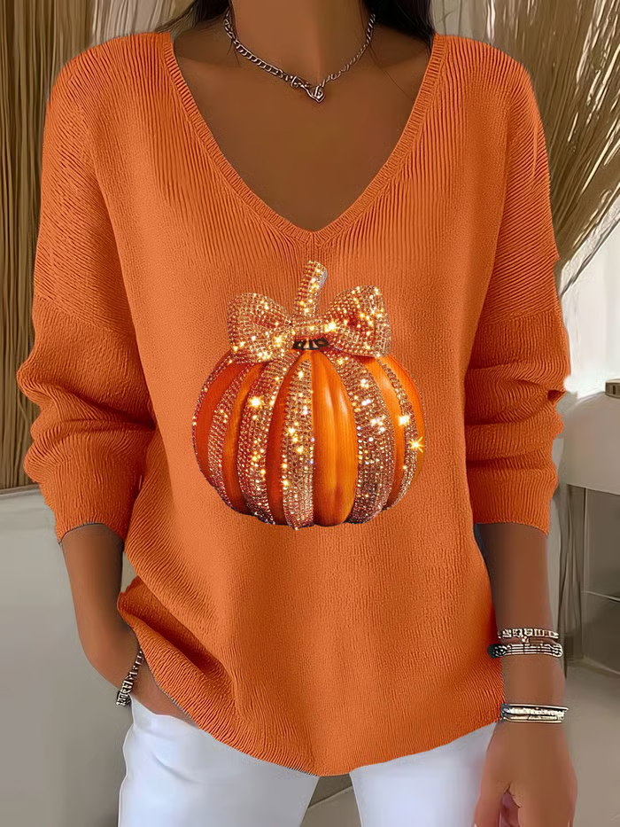 Casual Halloween (pumpkin) V Neck Long Sleeve T-shirt