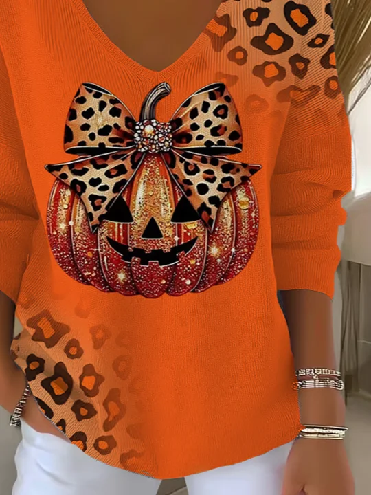 Casual Leopard V Neck Long Sleeve T-shirt