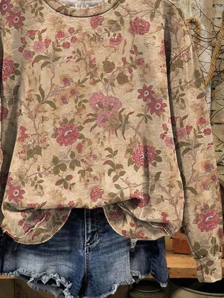 Casual Crew Neck Floral Sweatshirt Printing