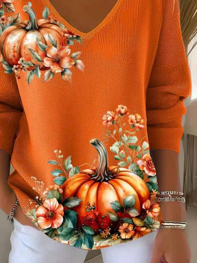 Casual Floral V Neck Long Sleeve T-shirt