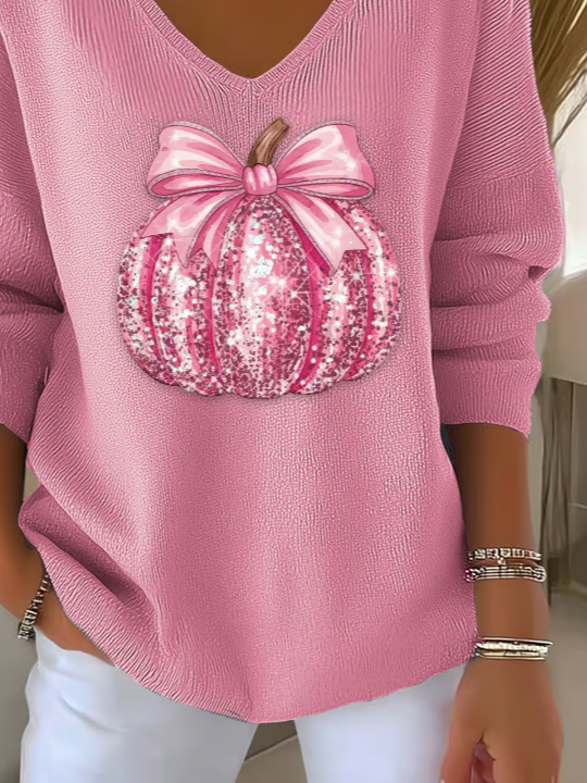 Casual Halloween (pumpkin) V Neck Long Sleeve T-shirt