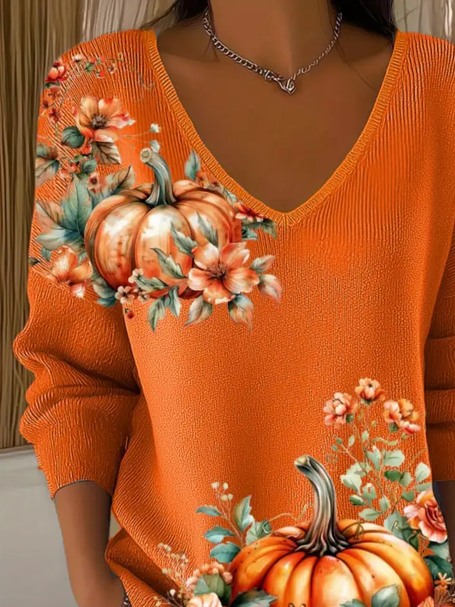 Casual Floral V Neck Long Sleeve T-shirt