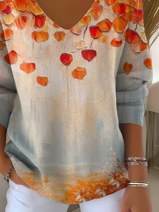 Casual Maple Leaf V Neck Long Sleeve T-shirt