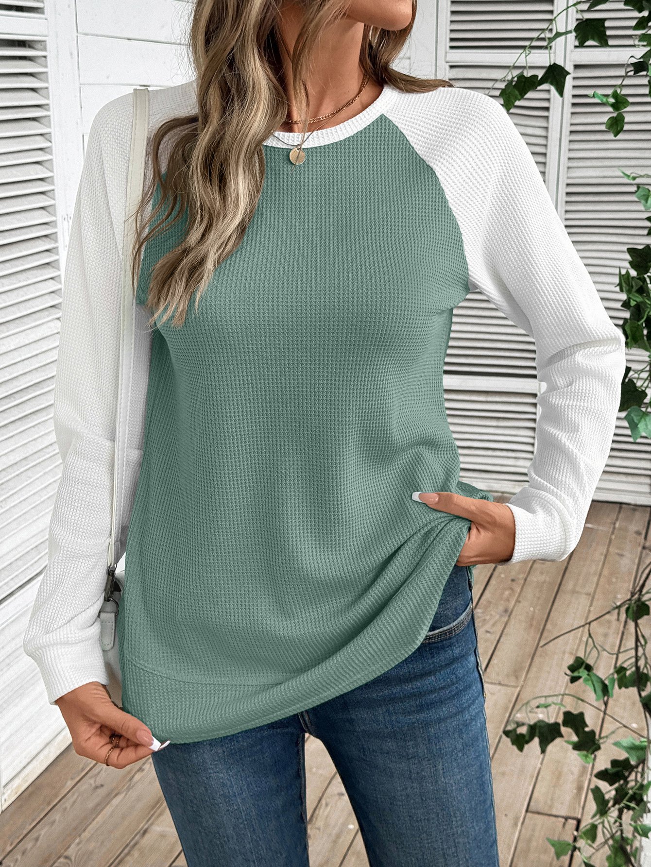 Casual Color Block Crew Neck Long Sleeve T-shirt