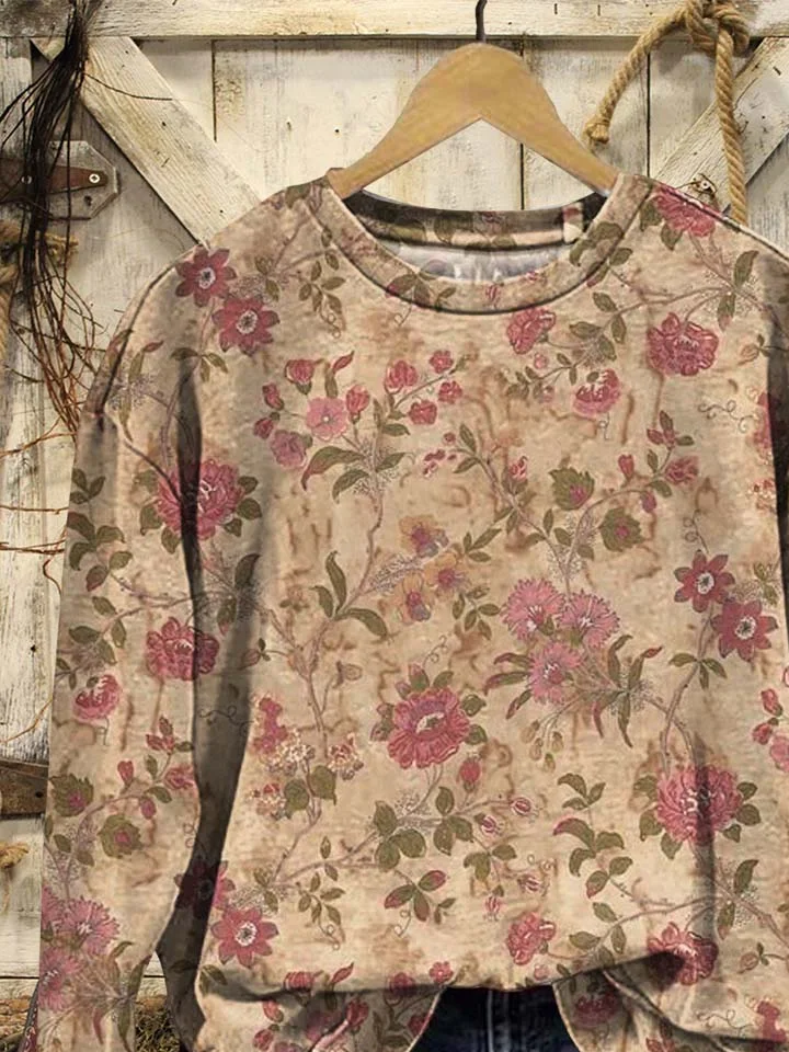 Casual Crew Neck Floral Sweatshirt Printing