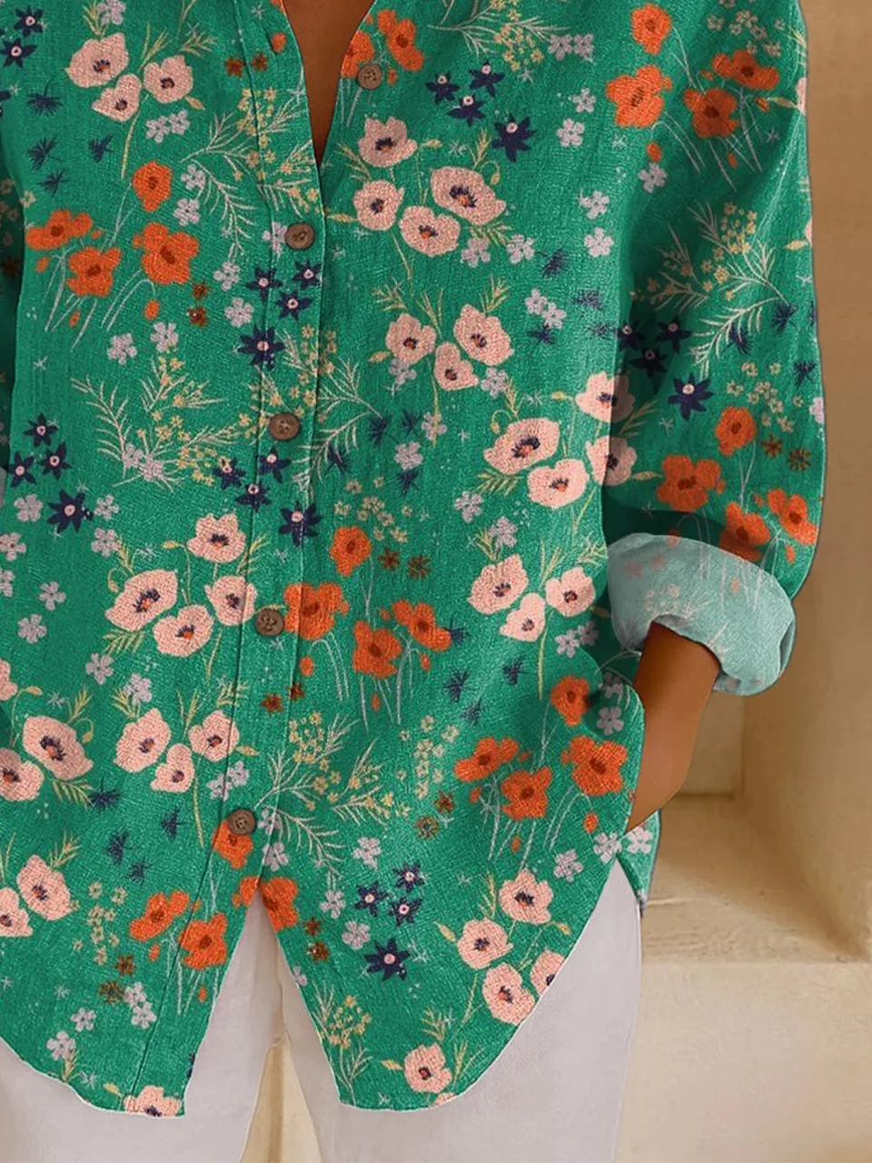 Shirt Collar Long Sleeve Floral Regular Loose Shirt For Women