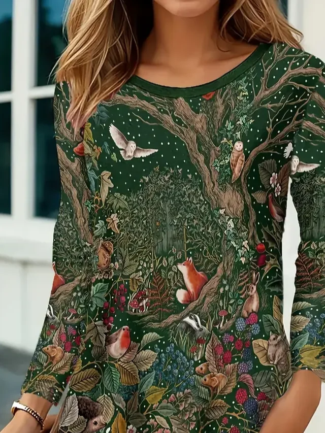 Casual Floral Crew Neck Long Sleeve T-shirt