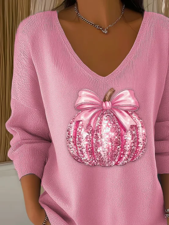 Casual Halloween (pumpkin) V Neck Long Sleeve T-shirt