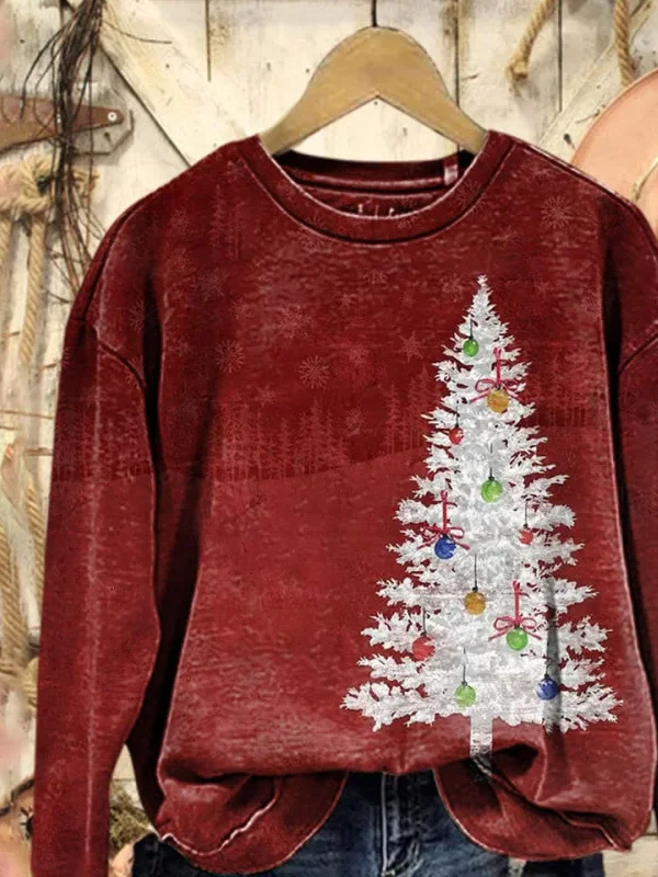 Casual Crew Neck Christmas Tree Sweatshirt Printing