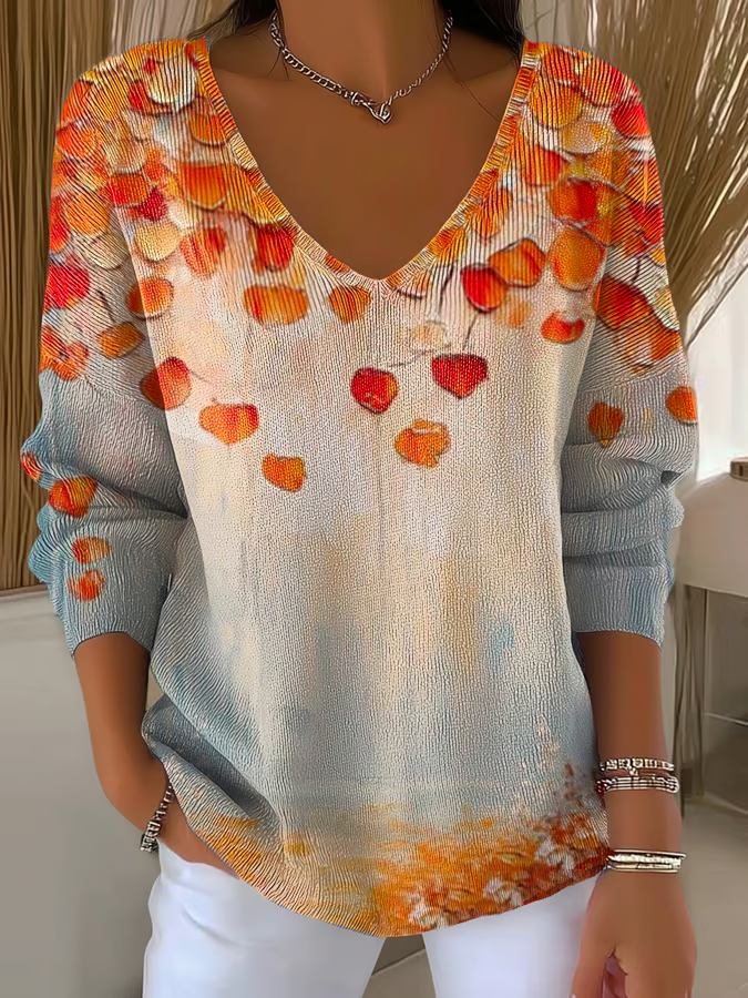 Casual Maple Leaf V Neck Long Sleeve T-shirt