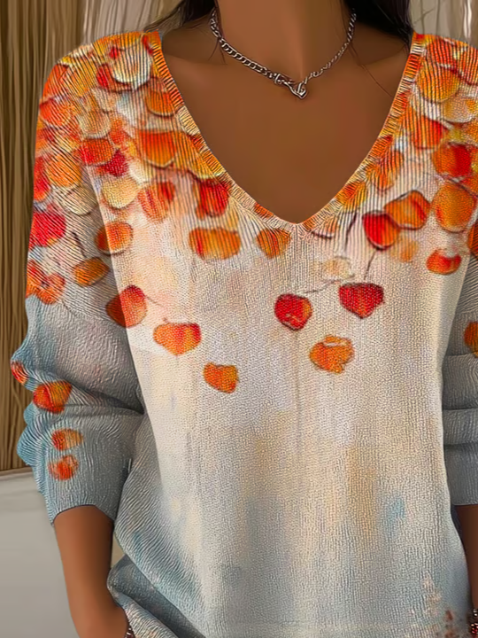 Casual Maple Leaf V Neck Long Sleeve T-shirt