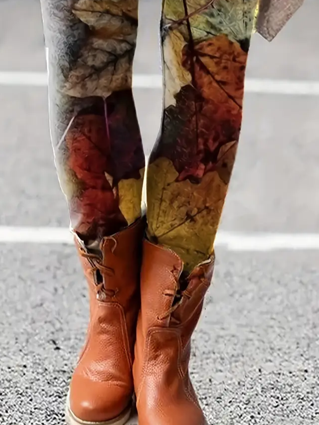 Women Maple Leaf Casual All Season Printing Long Leggings