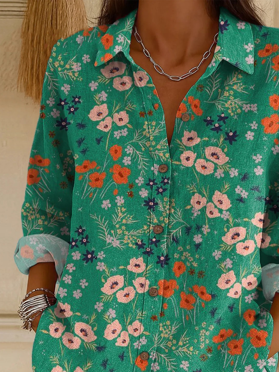 Shirt Collar Long Sleeve Floral Regular Loose Shirt For Women