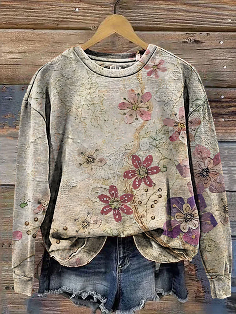 Casual Crew Neck Floral Sweatshirt Printing