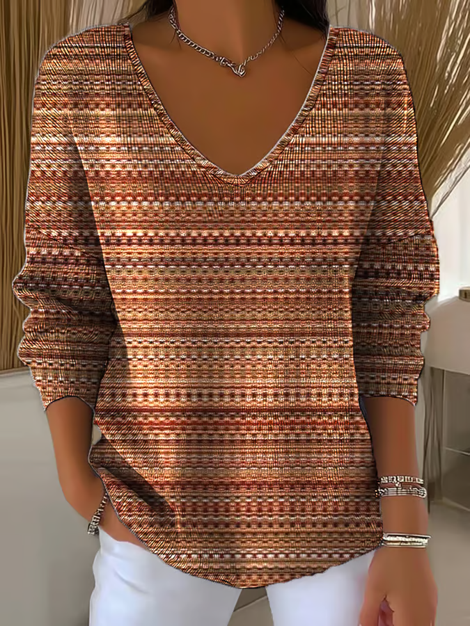Casual Abstract Stripes V Neck Long Sleeve T-shirt
