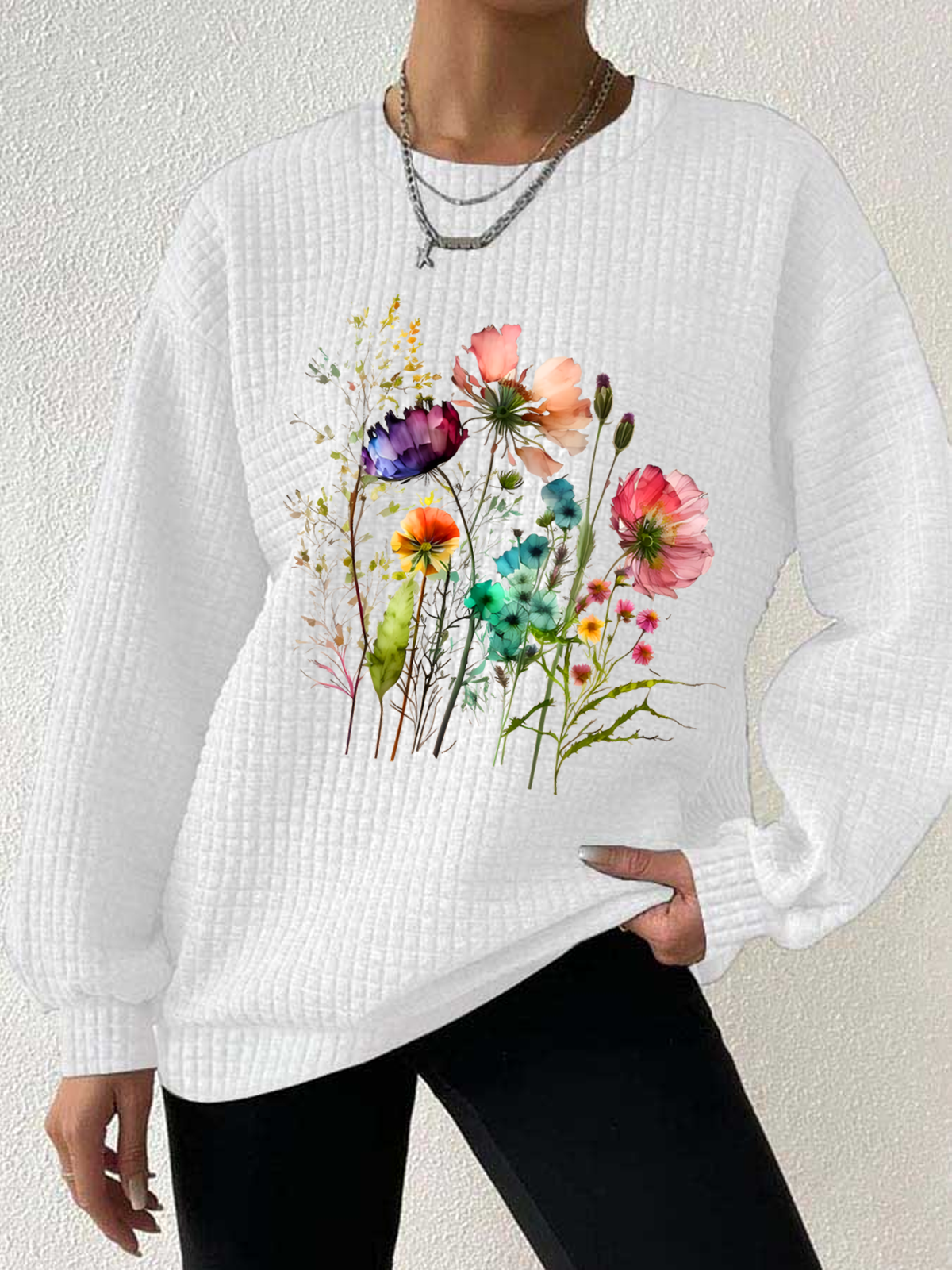 Casual Crew Neck Floral Sweatshirt