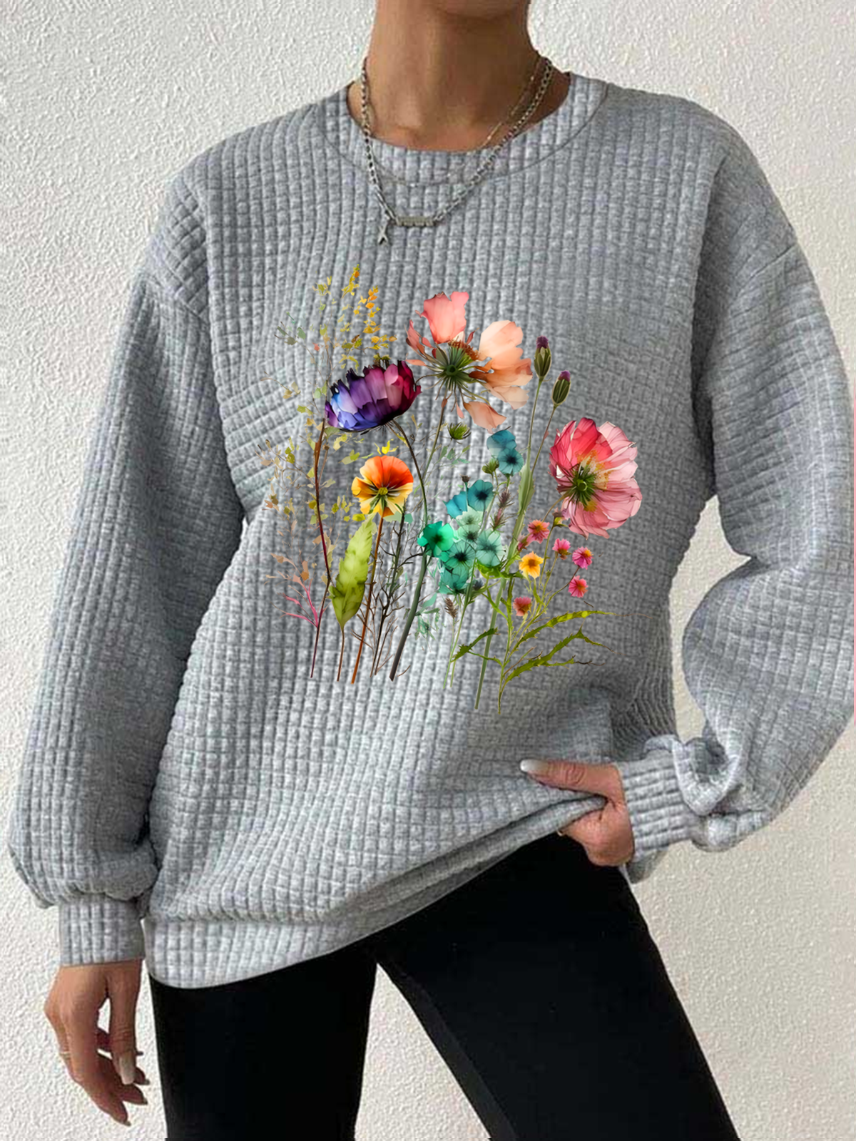 Casual Crew Neck Floral Sweatshirt