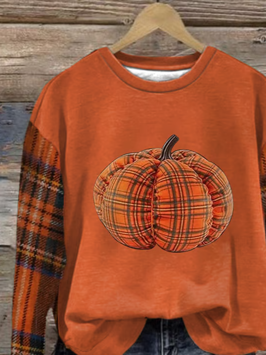 Casual Crew Neck Plaid Sweatshirt Printing