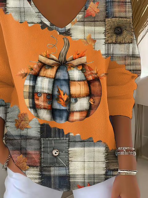 Casual Halloween (pumpkin) V Neck Long Sleeve T-shirt