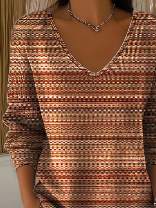 Casual Abstract Stripes V Neck Long Sleeve T-shirt