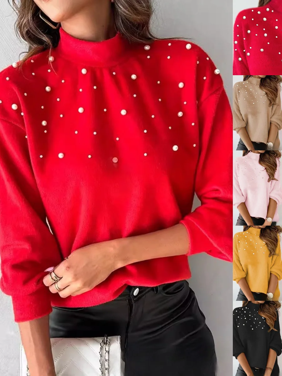 Women Plain Long Sleeve Comfy Street Beaded Sweater