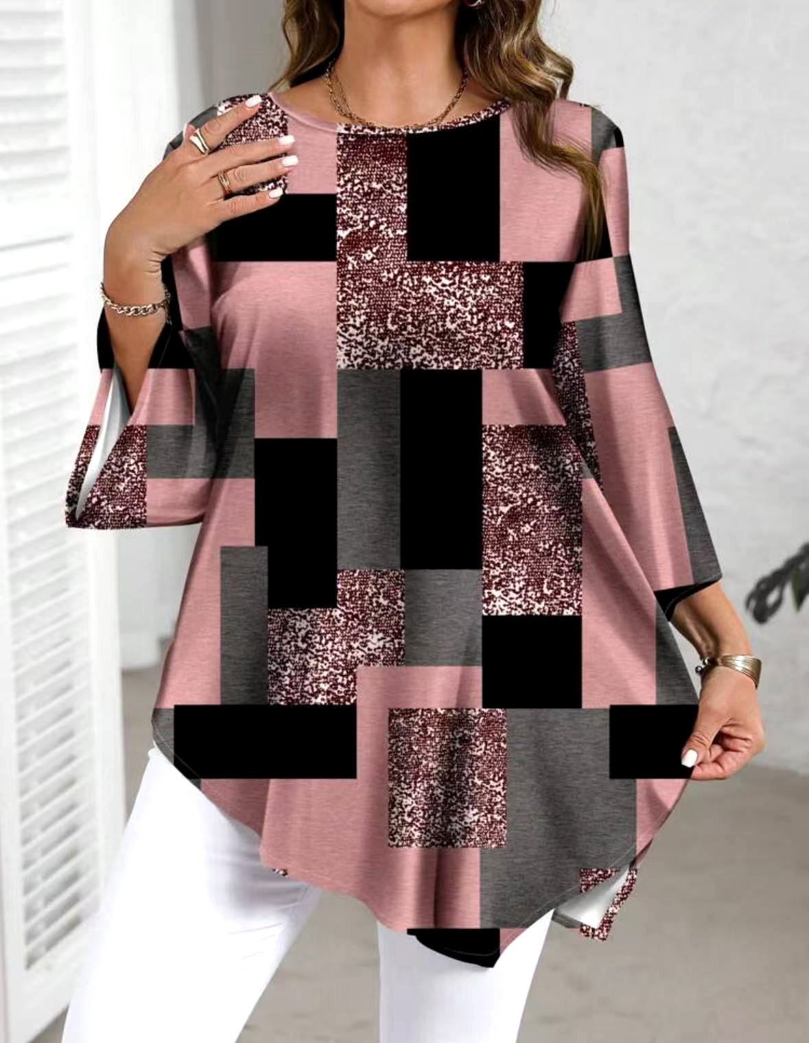 Casual Color Block Crew Neck Long Sleeve T-shirt