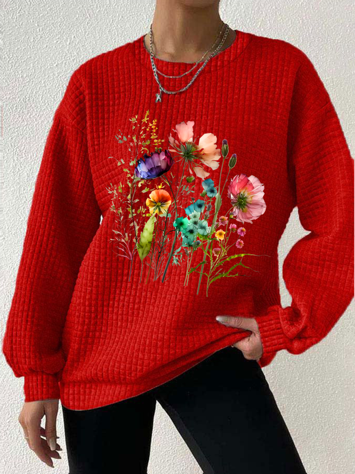 Casual Crew Neck Floral Sweatshirt