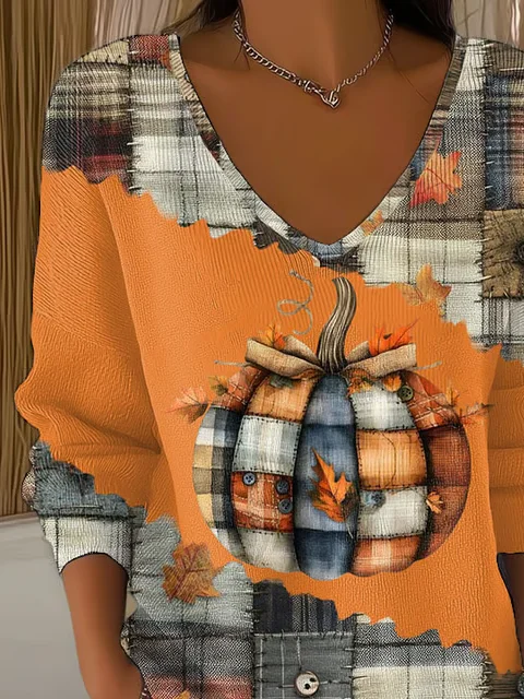Casual Halloween (pumpkin) V Neck Long Sleeve T-shirt