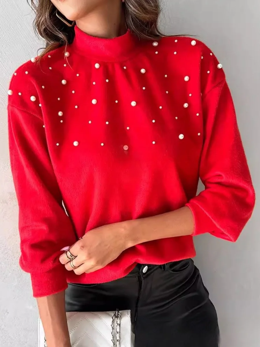 Women Plain Long Sleeve Comfy Street Beaded Sweater
