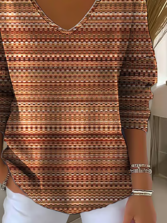 Casual Abstract Stripes V Neck Long Sleeve T-shirt
