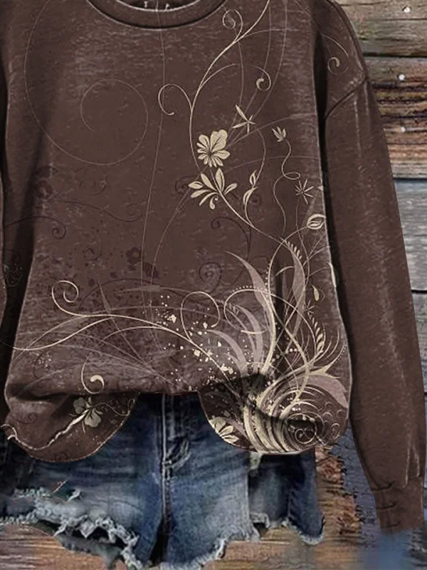 Casual Crew Neck Floral Sweatshirt Printing