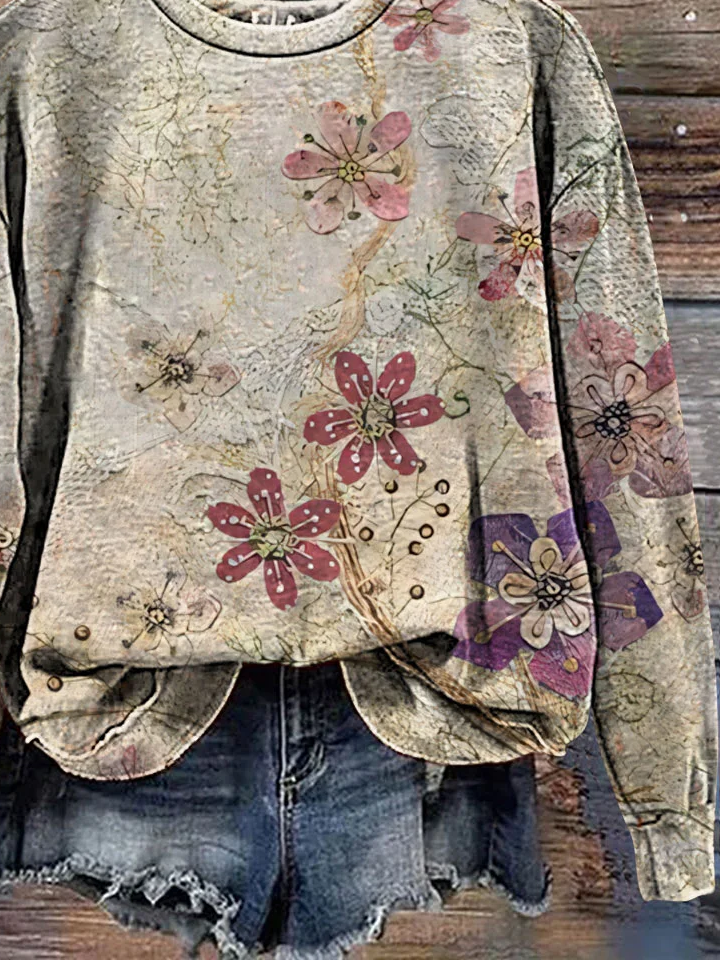 Casual Crew Neck Floral Sweatshirt Printing