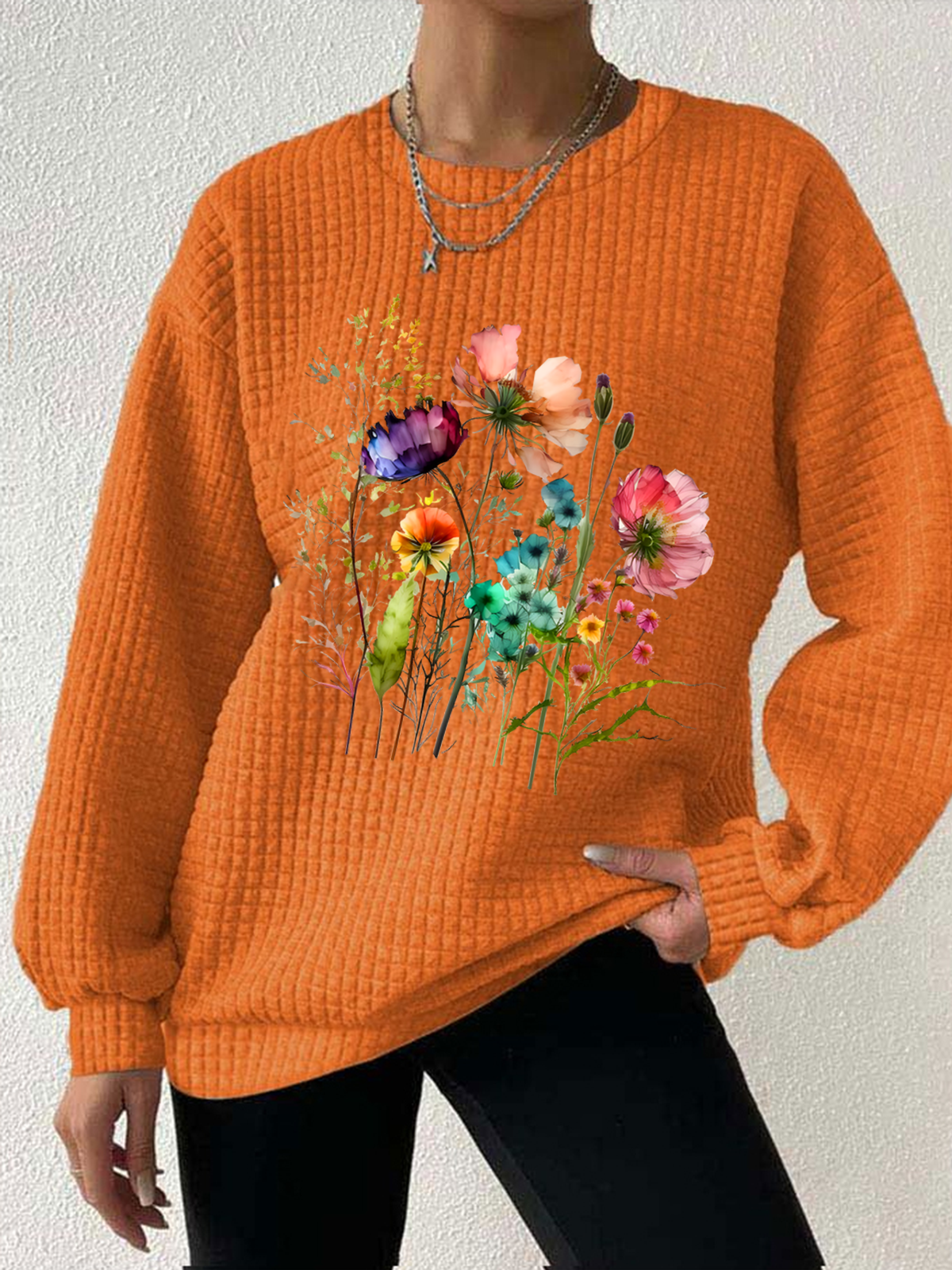 Casual Crew Neck Floral Sweatshirt