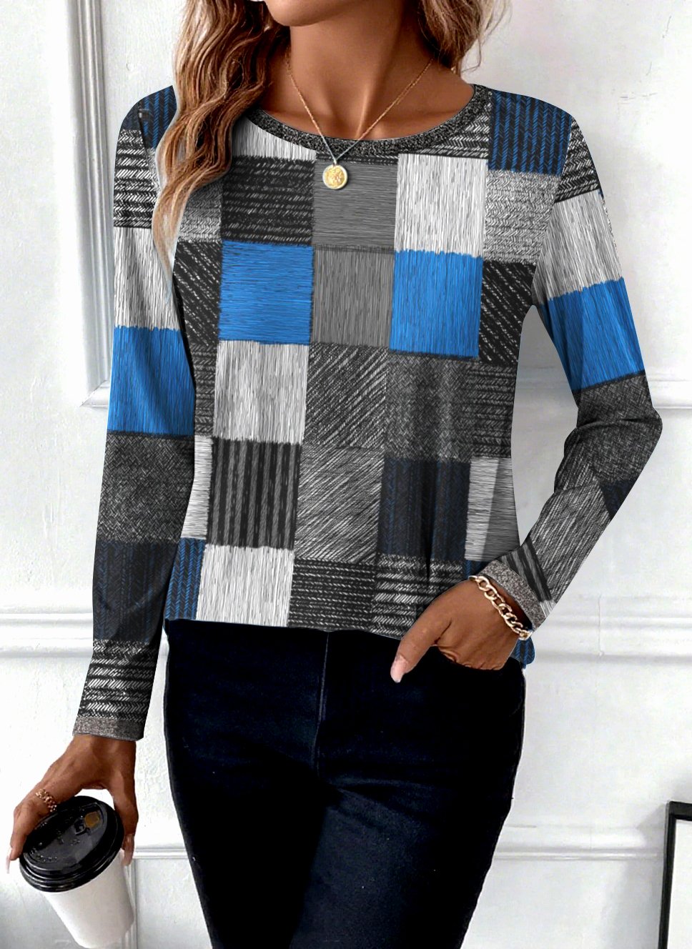 Casual Color Block Crew Neck Long Sleeve T-shirt