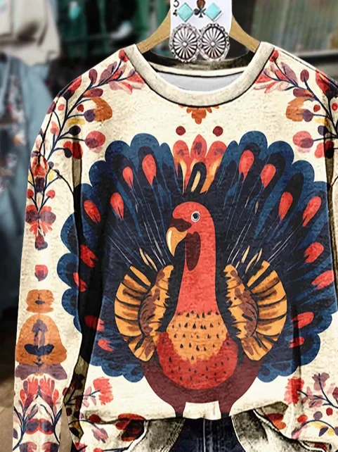 Casual Crew Neck Turkey Sweatshirt Printing